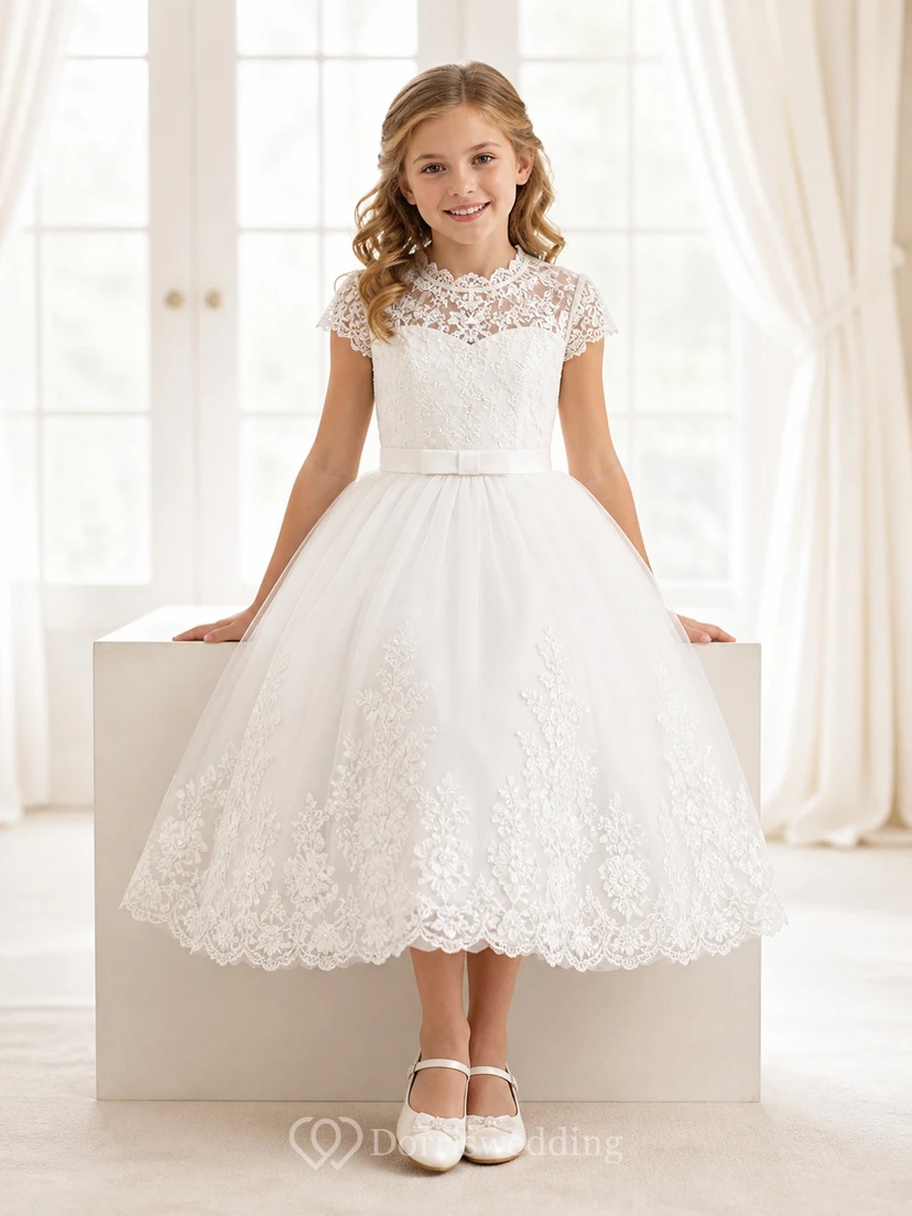 Modest Tea-length Ball Gown High Neck Cap Sleeve Lace Flowergirl Dress