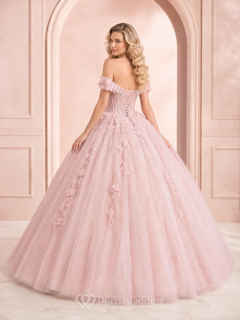 Vestido de gala formal de quinceañera/fiesta de princesa, rosa rubor, con hombros descubiertos, de tul con apliques florales. view 2