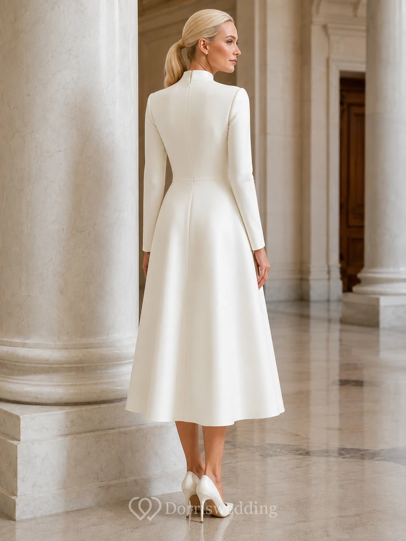Robe de mariée minimaliste et pudique en satin, coupe trapèze, manches longues, col montant, longueur thé, idéale pour une cérémonie civile. view 2