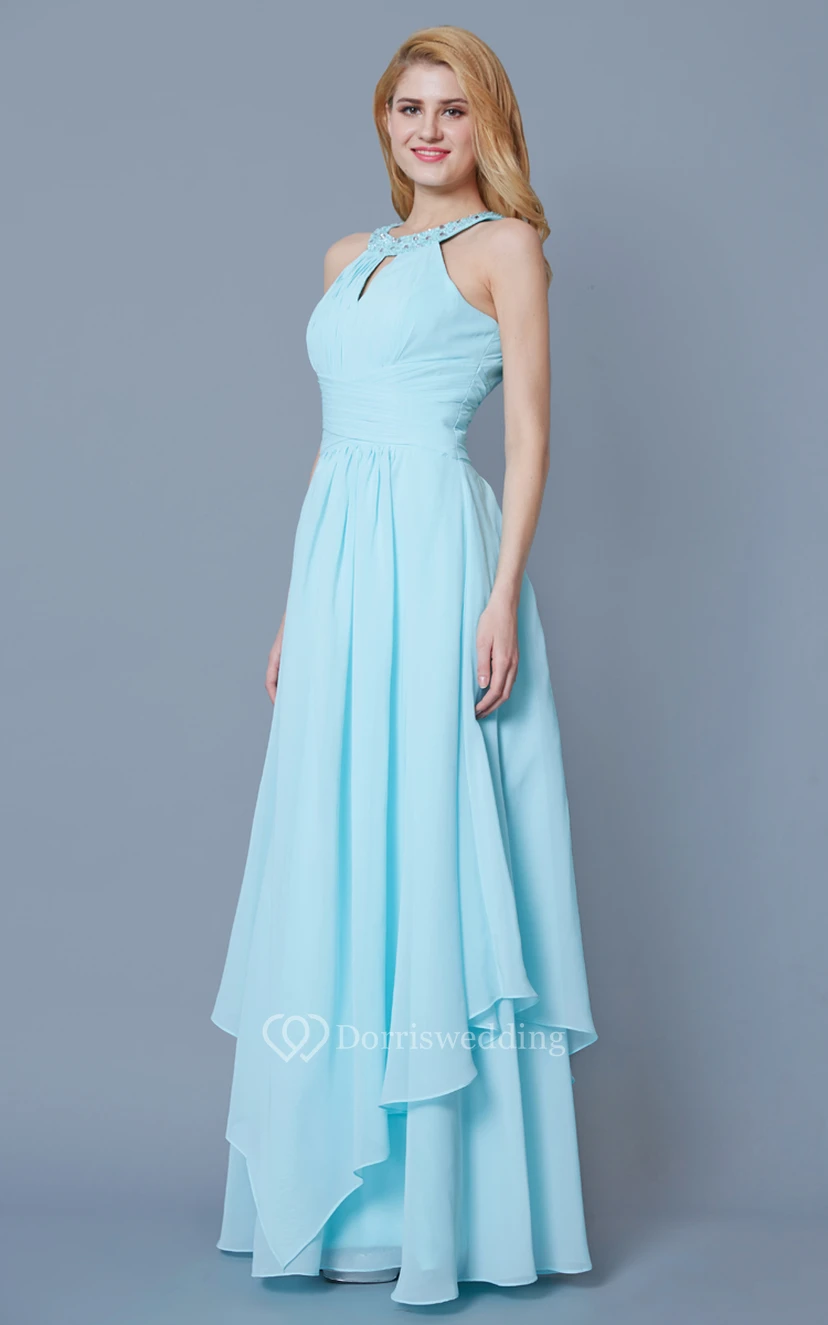 Sleeveless Jewel Neck Ruffled Long Chiffon Dress view 5