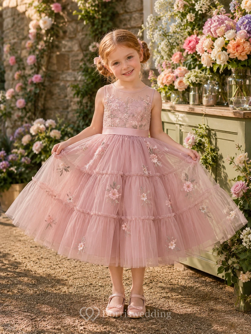 Flower Girl Dress A-Line Blush Floral Tiered Tulle Sleeveless Garden