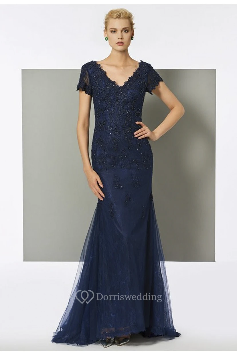 V-neck Tulle Short Sleeve Mermaid Gown With Beading And Sweep Train