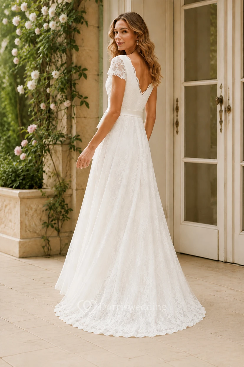 Robe de mariée en dentelle, coupe trapèze, décolleté en V festonné, manches courtes illusion, longueur au sol view 2