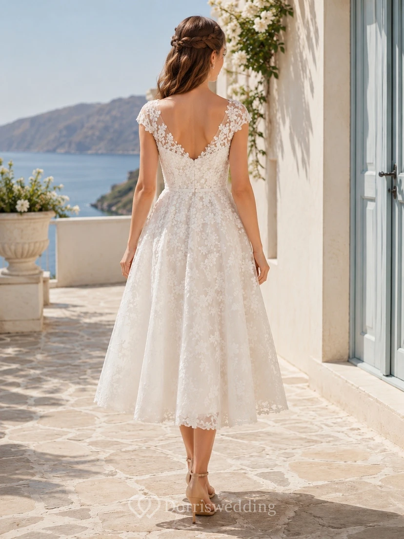 Schlichtes, kurzes, teelanges Brautkleid mit V-Ausschnitt und A-Linien-Schnitt für formelle Anlässe view 2
