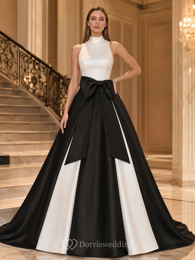 Modern Sleeveless Floor-length Satin Black White Panel Ball Gown Dress