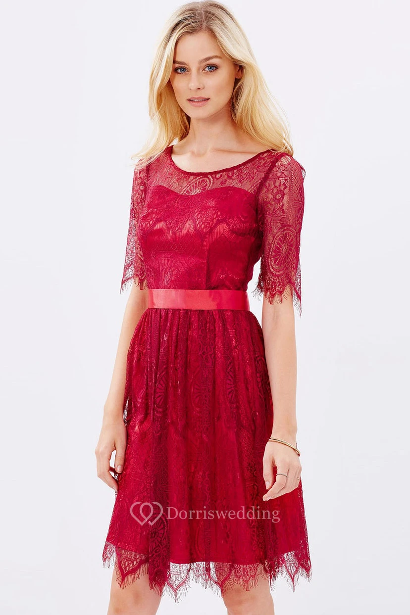 Mini Half Sleeve Scoop Neck Ribboned Lace Bridesmaid Dress