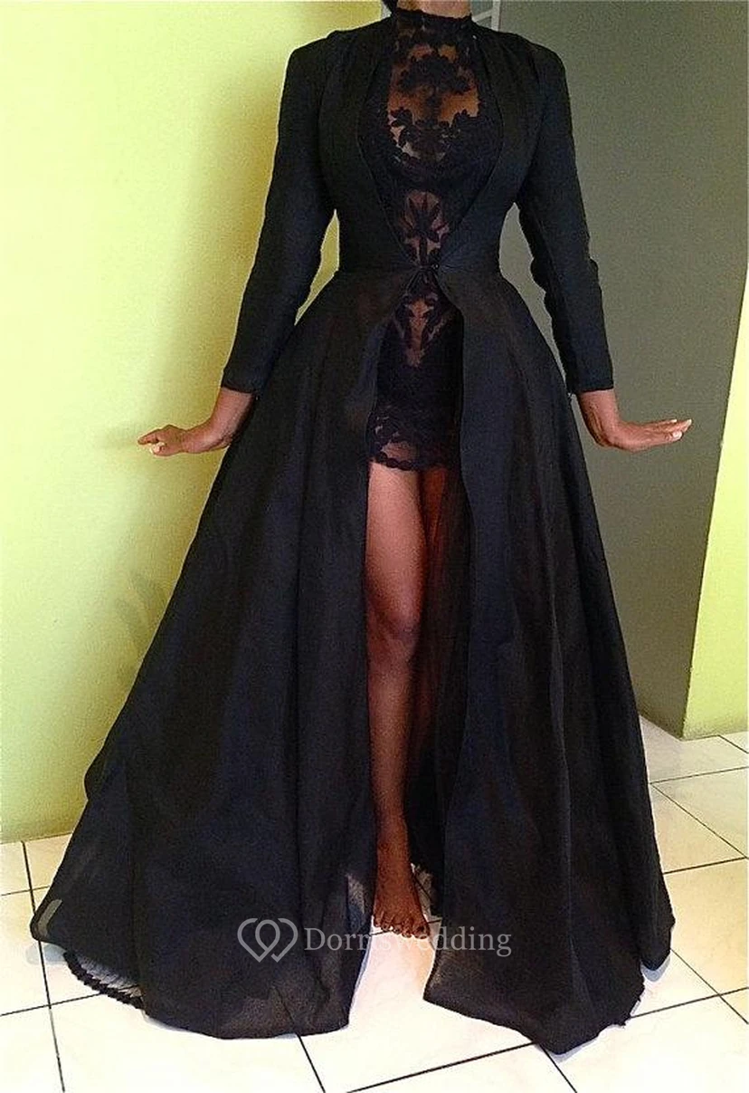 Sexy Black High Neck Detachable Evening Dress Long Sleeve view 4