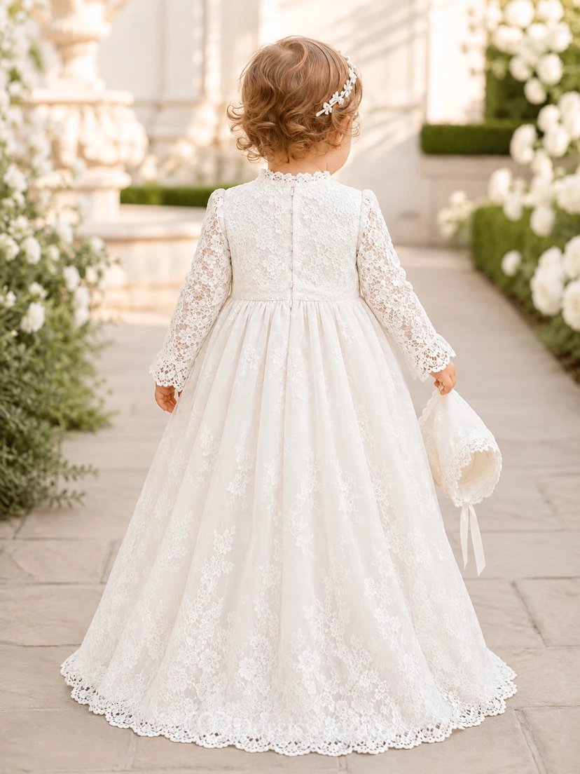 Taufkleid mit hohem Kragen, A-Linie, Spitze, Tüll, lange Ärmel, geschwungener Saum view 2