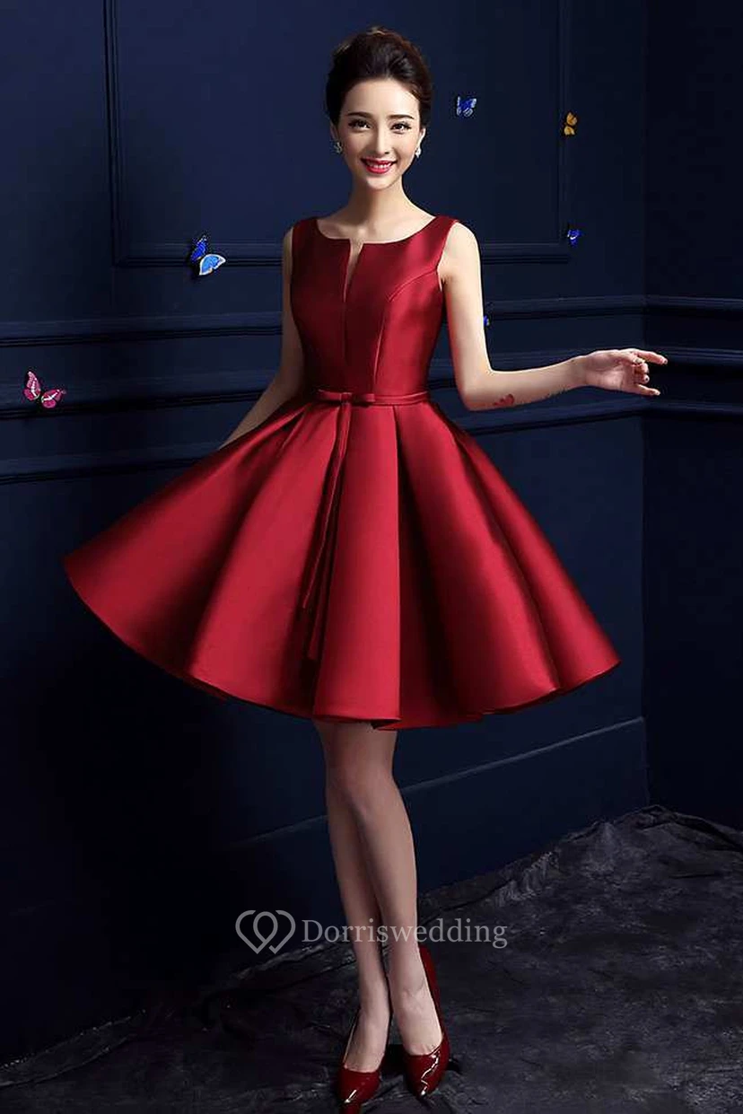 Sleeveless Bateau Neck Pleated Knee Length Satin Dress view 6