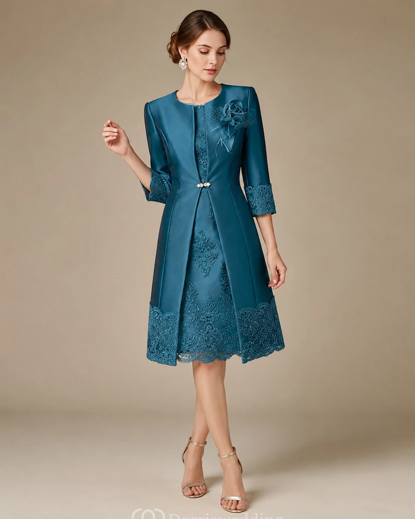 Jewel A-line Knee-length 3-4 Length Sleeve Satin Mother of the Bride Dress with Zipper Back view 9