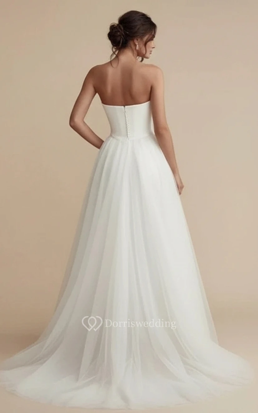 Mono de boda de satén sin tirantes con falda de tul de cintura ancha view 2