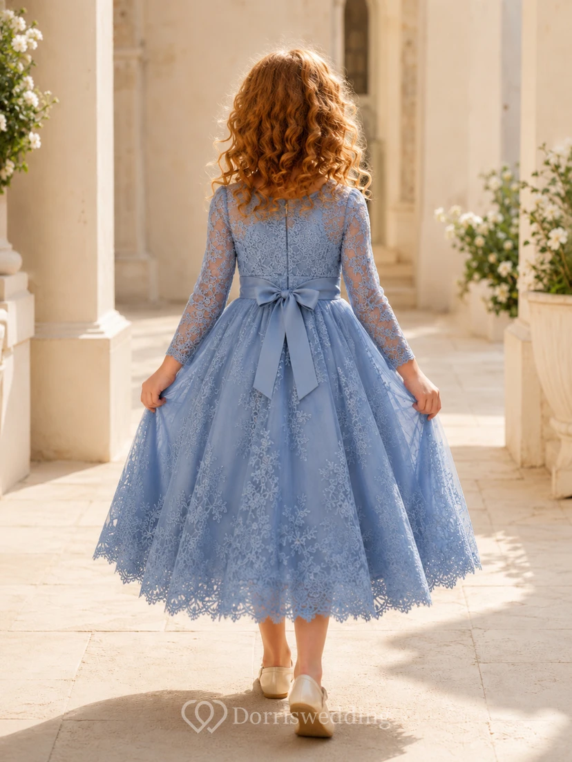 Blaues langärmeliges Spitzenkleid für Blumenmädchen view 2
