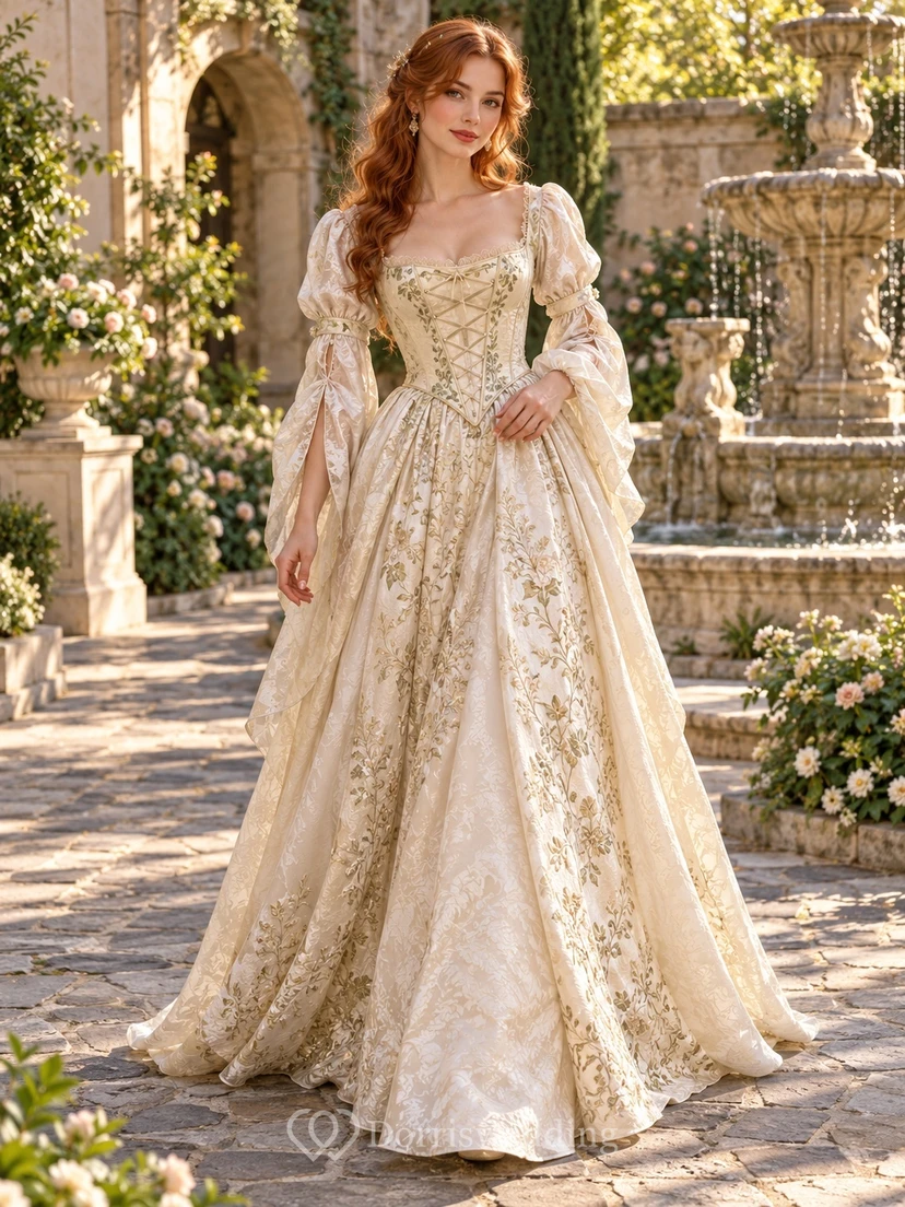 Vintage Renaissance Square Neck Puff Sleeve Embroidered Bridal Wedding Dress