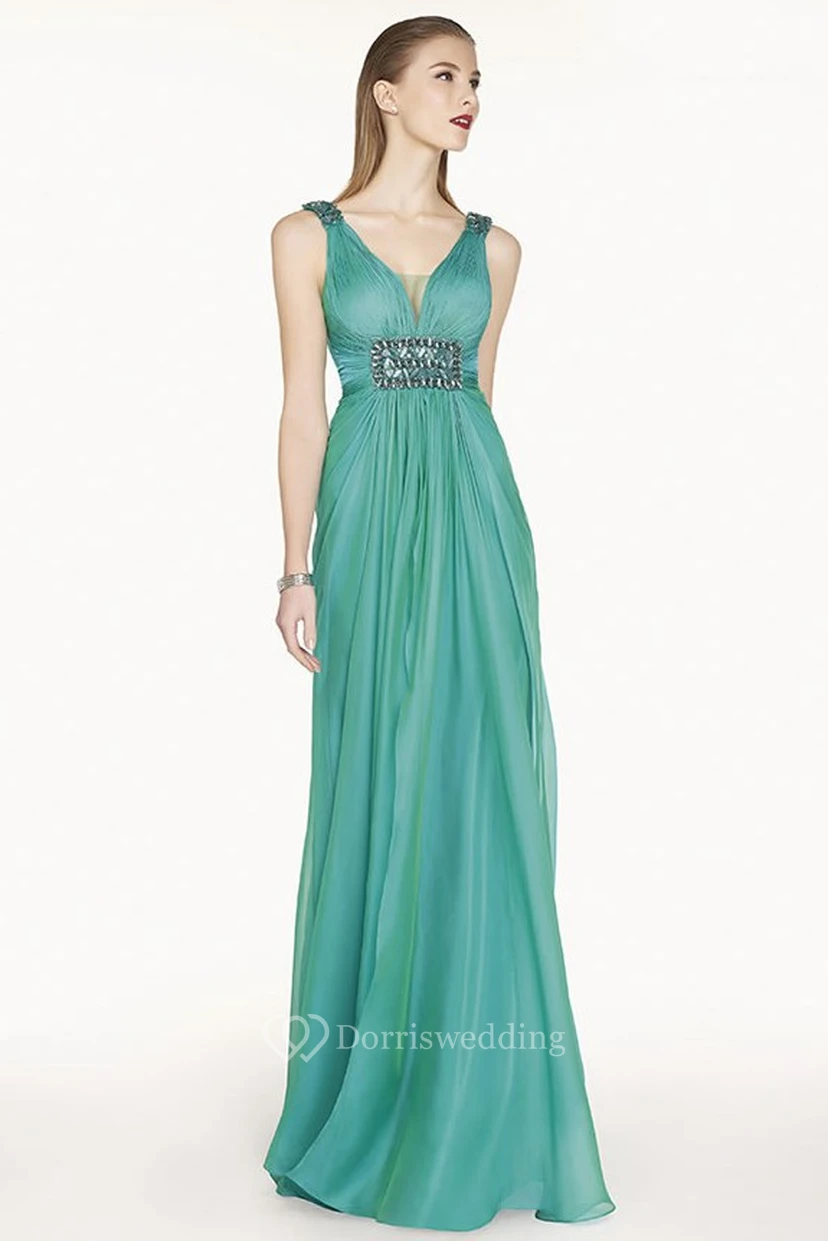 Empire Crystal Waist A-Line Chiffon Long Prom Dress With Cowl Back