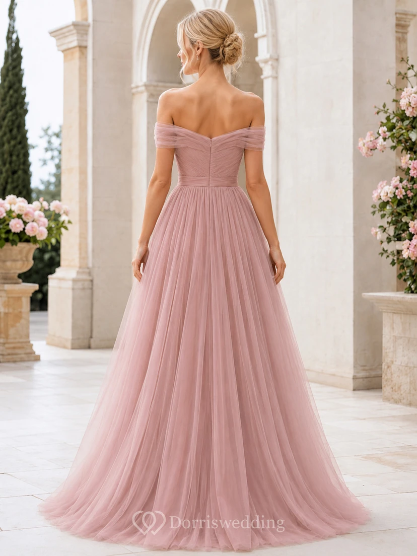 Dusty Rose Off-Shoulder Sweetheart Tulle A-Line Romantic Floor Bridesmaid Gown view 2