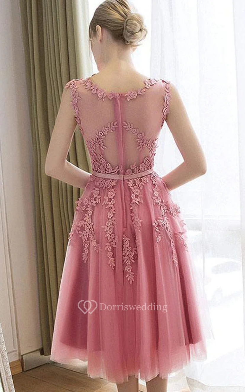 Ärmelloses, knielanges A-Linien-Kleid mit Spitzenapplikationen view 2