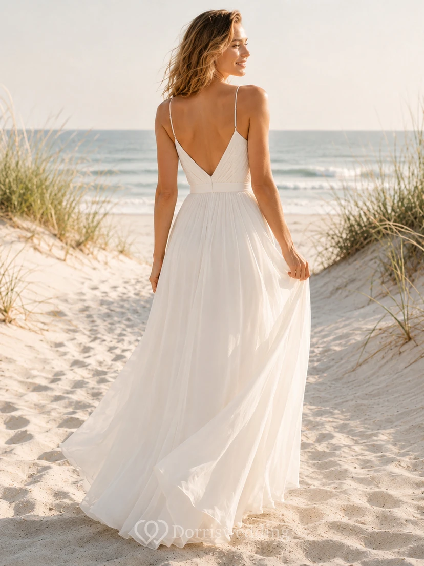Strandhochzeitskleid aus Chiffon, A-Linie, Neckholder, ärmellos, mit Schleppe view 2