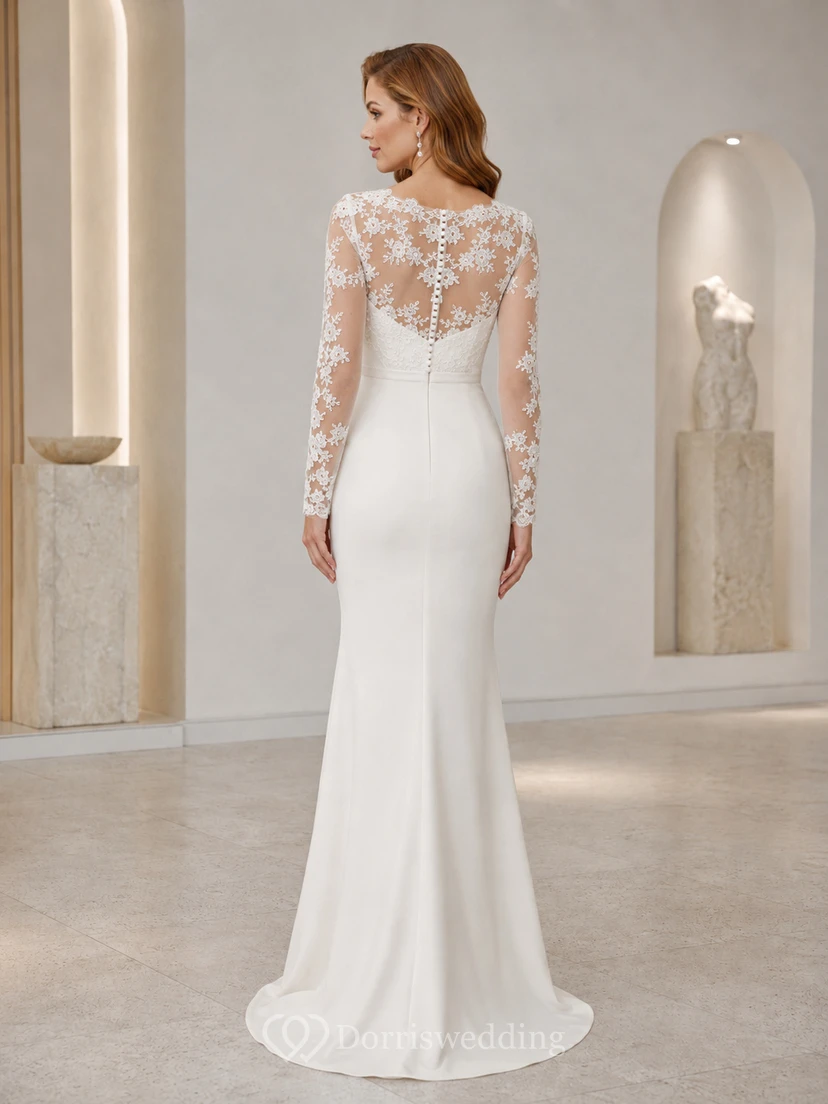 Robe de mariée sirène à manches longues en dentelle illusion bateau, style modeste, style court view 2