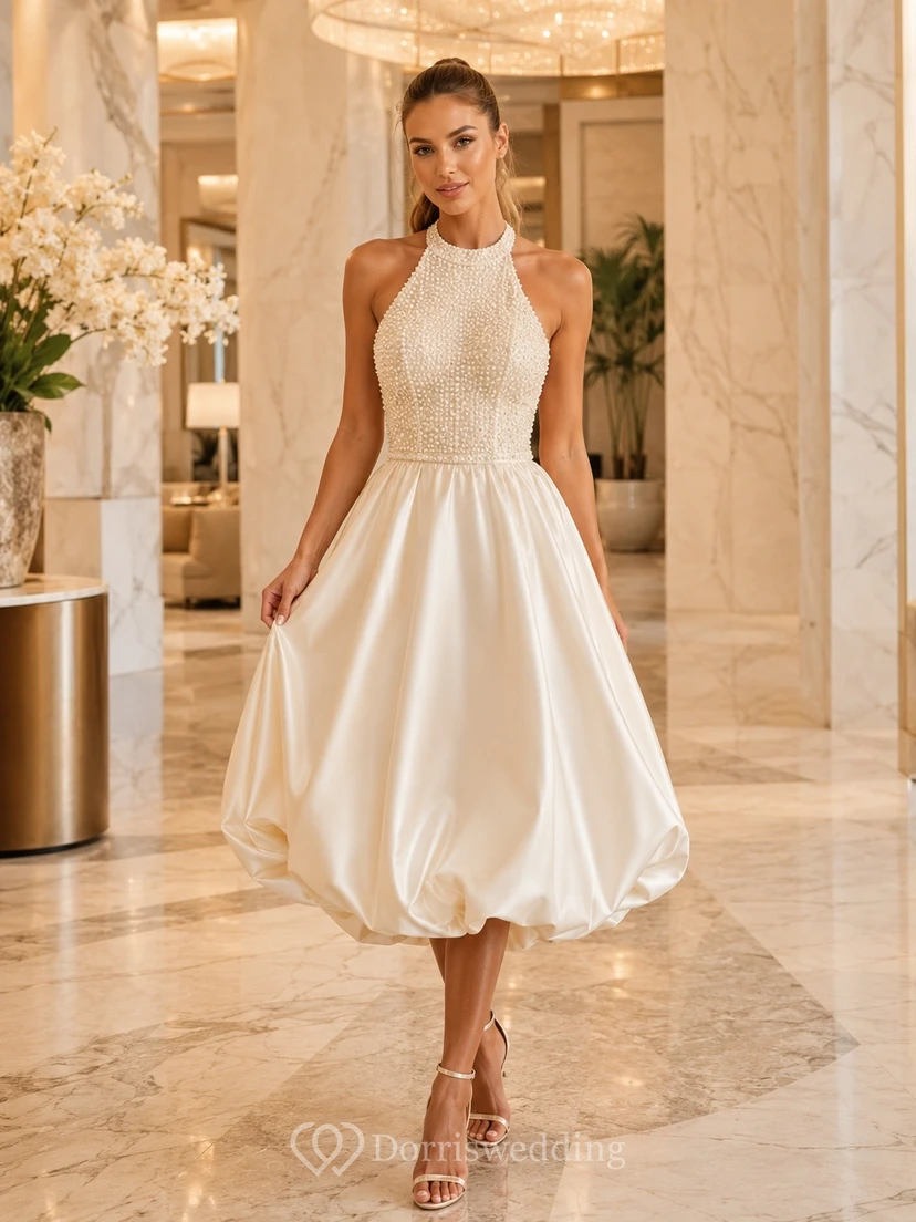 Simple Tea-length Sleeveless Bridal Ceremony Formal Halter A-line Dress
