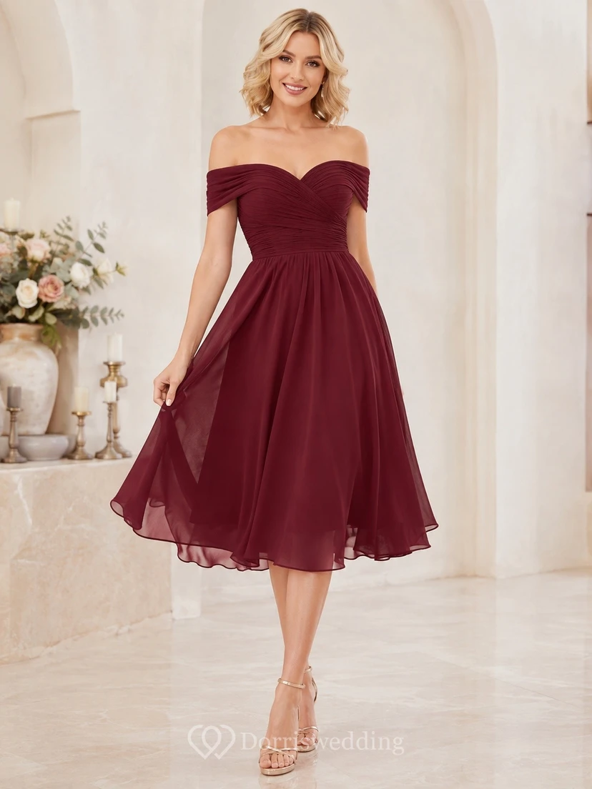 Elegantes burgunderrotes schulterfreies Chiffon-Abendkleid mit kurzen Ärmeln in A-Linie