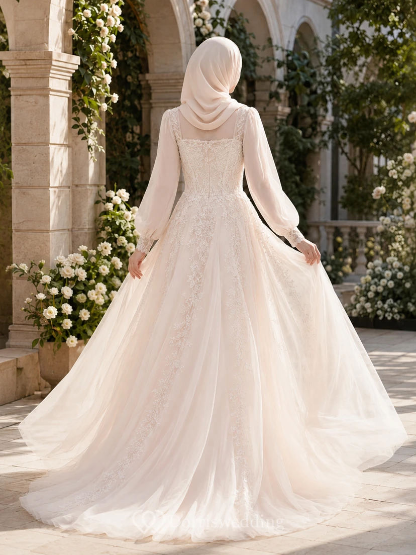 Blushing Pink Muslim High Neck Tulle Ball Gown Wedding Dress view 2