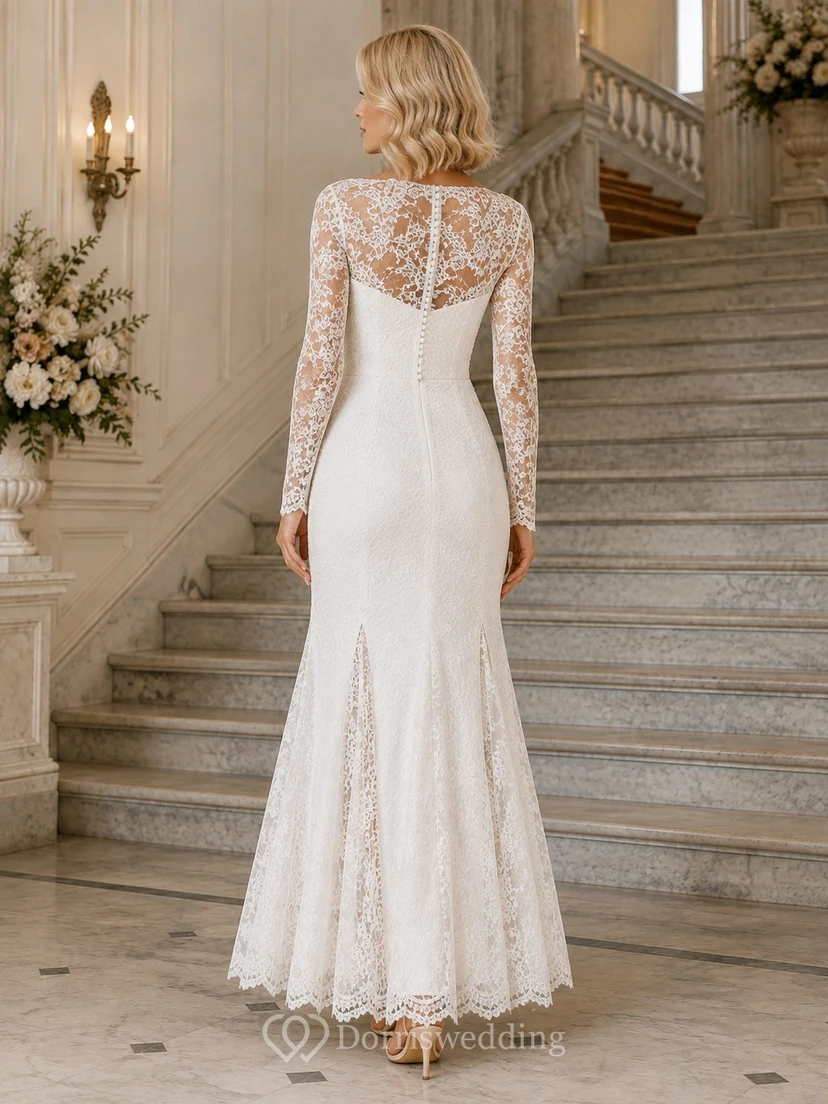 Vintage Bateau Long Sleeve Illusion Lace Mermaid Floor-Length Modest Civil Wedding Dress view 2