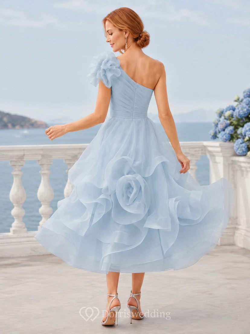 Sky Blue One Shoulder Floral Organza Sculptural Guest Dress view 2