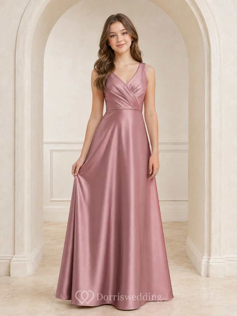 Vestido de dama de honor juvenil color rosa empolvado, corte en A, escote en V, sin mangas, satén, moderno.