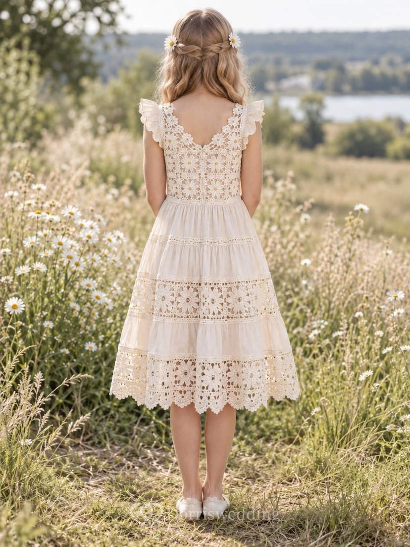 Boho Vintage Tea-length Cream V-neck Ruffle Strap Tiered Lace Flower Girl Dress view 2