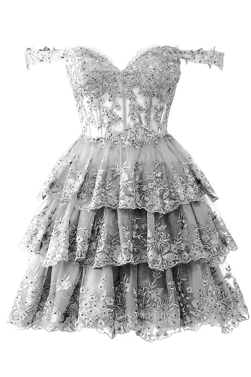 Blue Off-the-Shoulder Short Dress with Lace view 18