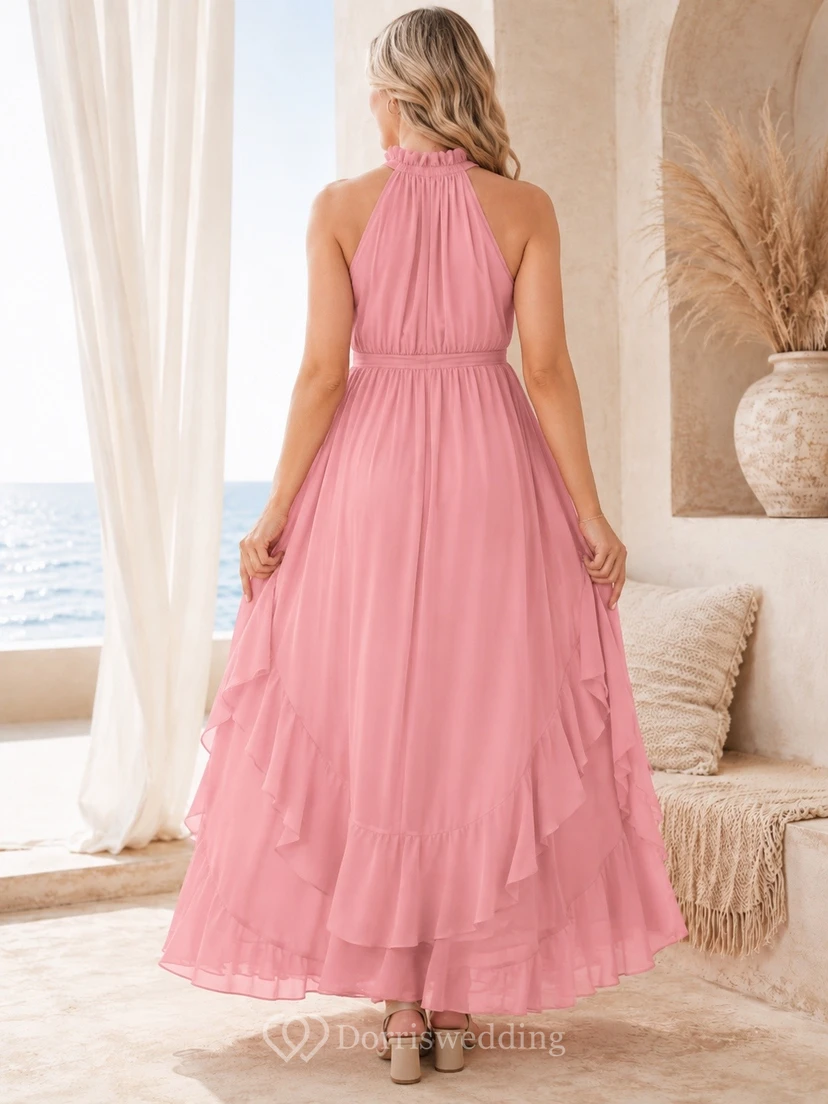 Pink Chiffon Halter Maternity Pleated A-line Floor-length Gown view 2