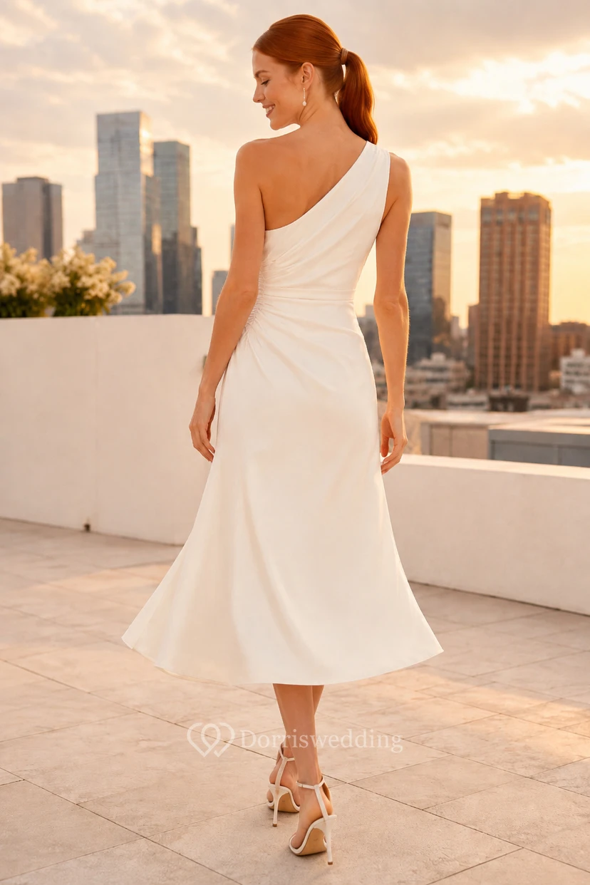 Robe de mariée asymétrique en satin froncé, longueur thé, avec fente sur le devant view 2