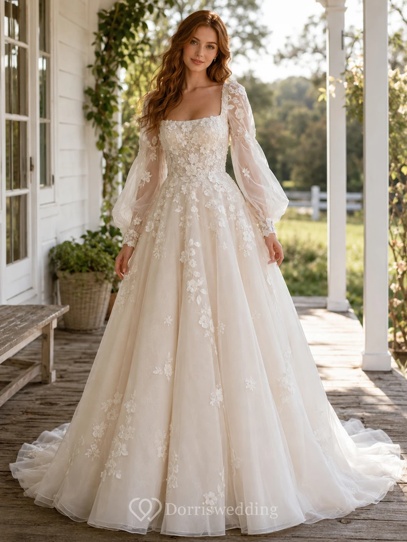 Robe de mariée champêtre en tulle, coupe trapèze, épaules dénudées, manches bouffantes, traîne chapelle, dos corset lacé