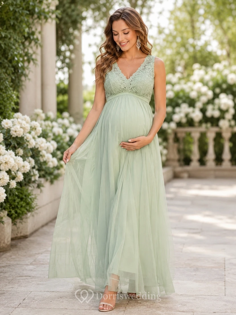 Mint Lace V-Neck Sleeveless Empire Maternity Maxi Dress