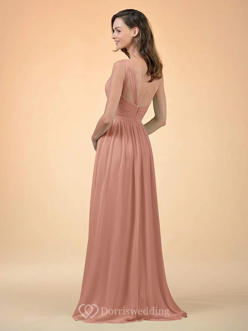 Elegantes, schulterfreies, bodenlanges Chiffon-Brautjungfernkleid in A-Linie mit Raffungen und A-Linien-Schnitt view 2