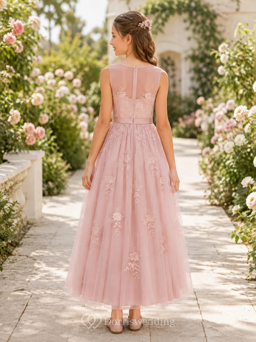Vestido de dama de honor juvenil rosa rubor, corte en A, hombros descubiertos, mangas cortas, bordado view 2