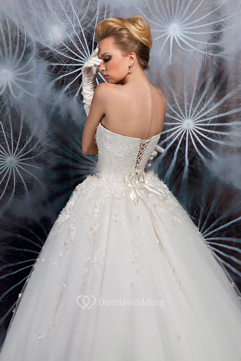 Long Strapless Appliqued Tulle Wedding Dress With Ribbon And Corset Back view 2