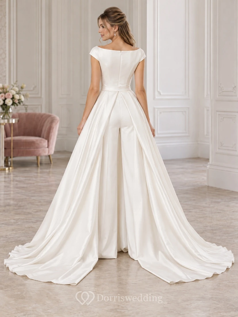 Boat Neck Cap Sleeve Asymmetric Overskirt Wide Bridal Jumpsuit view 2