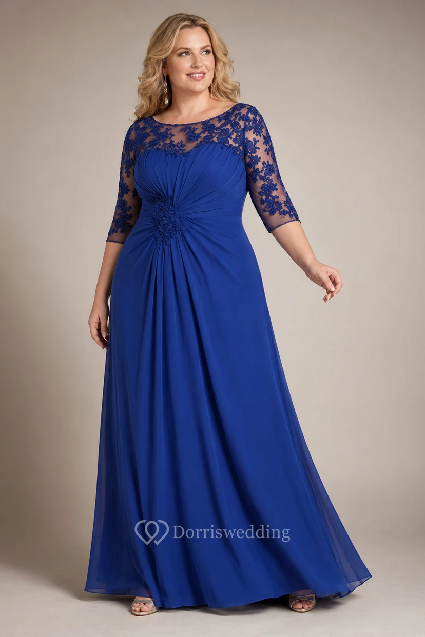 Half-Sleeved A-Line Long Mother Of The Bride Dress With Keyhole Back And Appliques view 11
