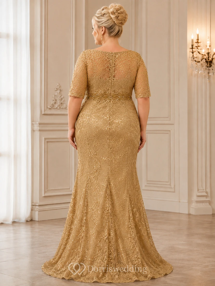 Vestido de sirena de encaje con lentejuelas y cuello joya dorado de lujo, talla grande, para madres. view 2