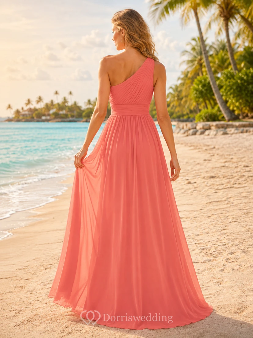 Coral Tropical Beach A-Line Chiffon Bridesmaid Dress with Sleeveless One-Shoulder Bodice, Split Floor-Length Skirt and Low V Back view 2