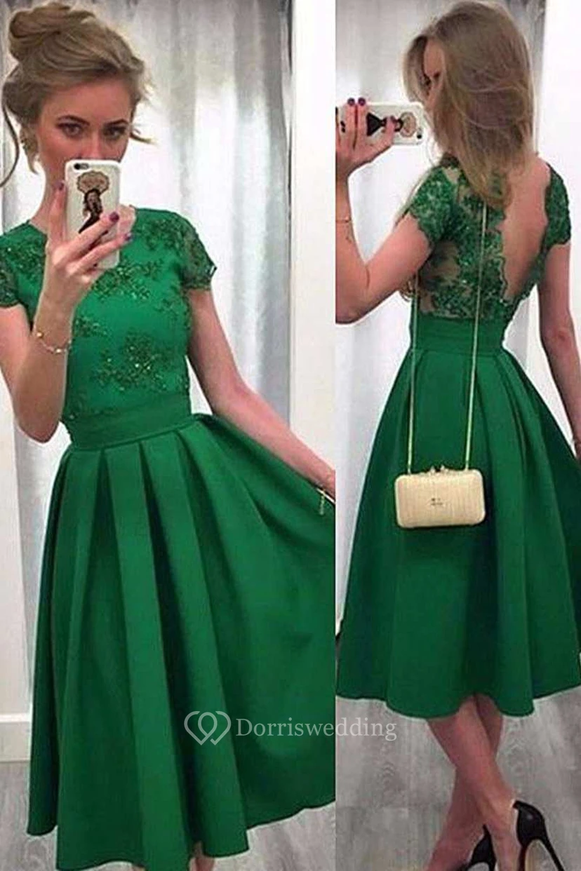 Short Sleeve Lace Bodice A-line Tea Length Satin Dress