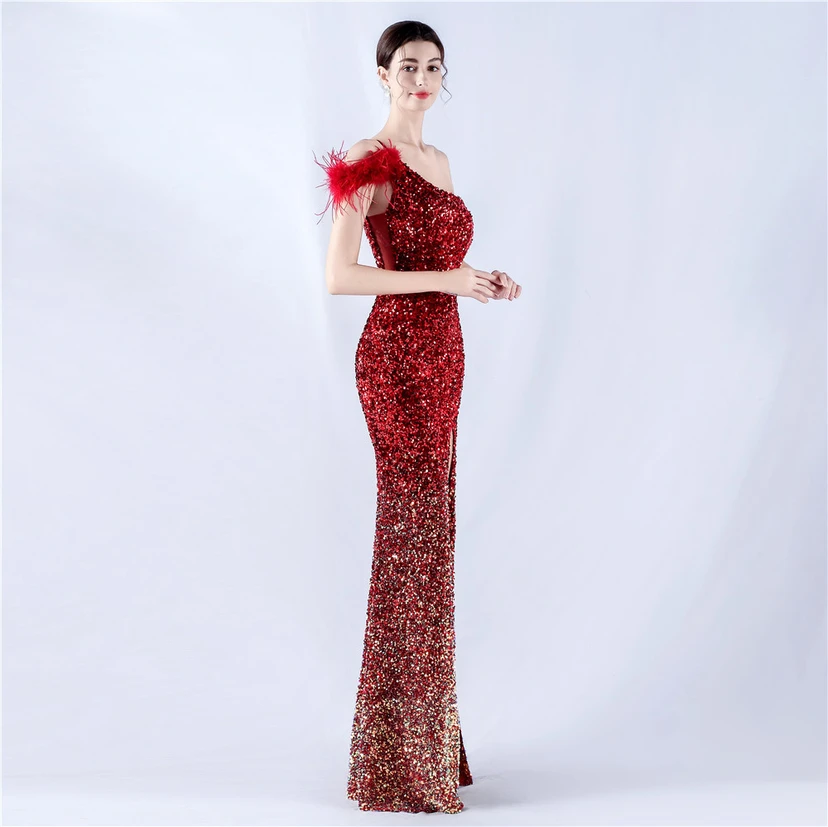 Gradient Velvet Bottom Sequins Craft Beading Ostrich Hair One-Shoulder Oblique Collar High-Slit Evening Dress view 40