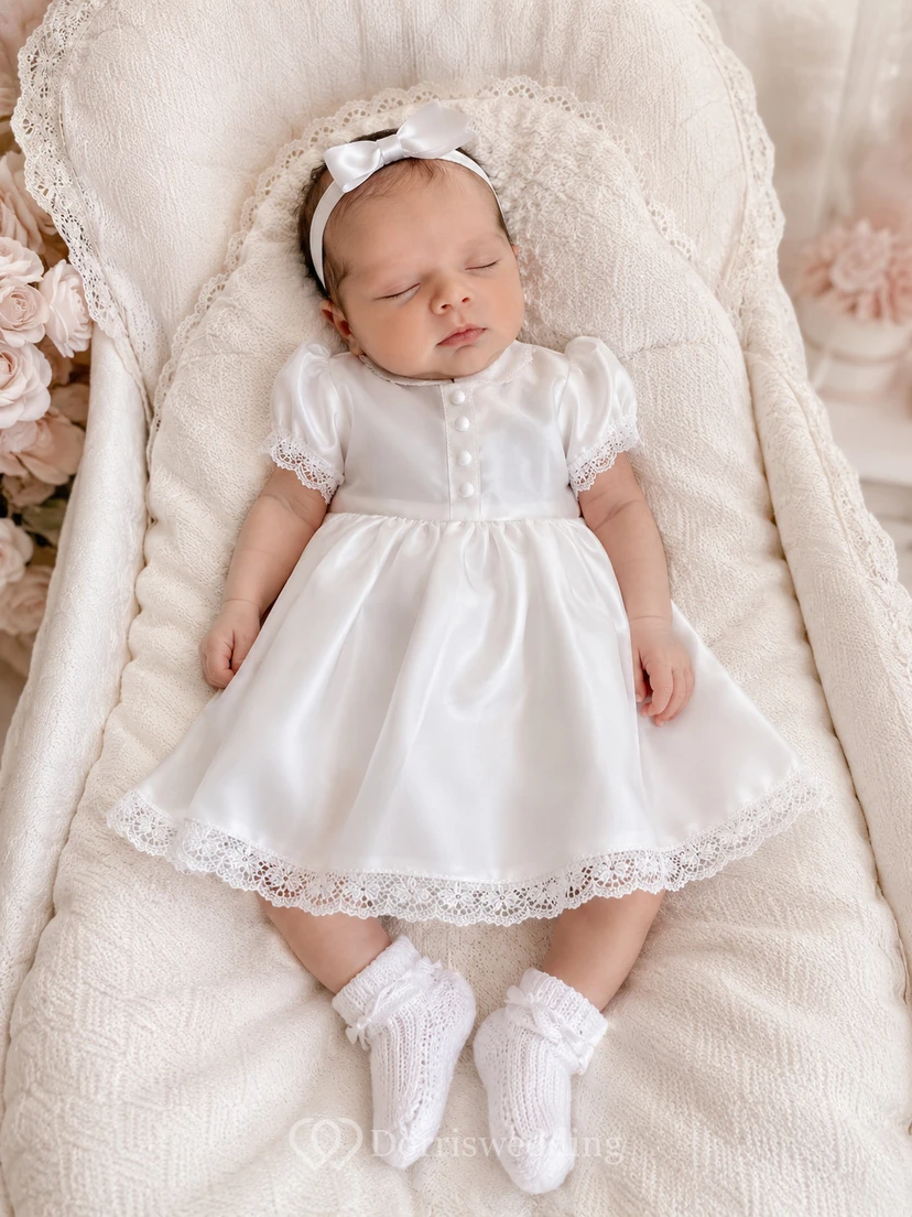 Short Sleeve Baptism Dress A-Line Satin Jewel Neck Lace Trim Baby Style