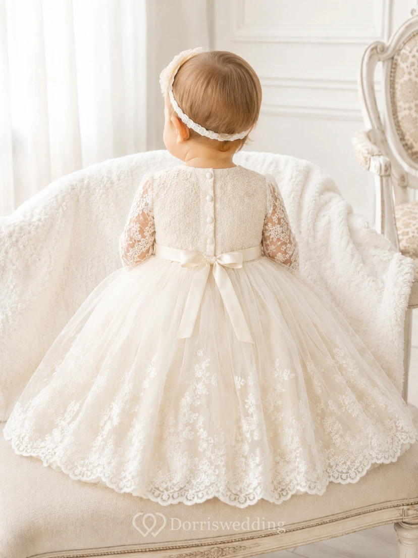 Long Sleeve Christening Dress A-Line Lace Tulle High Neck Tea-Length view 2