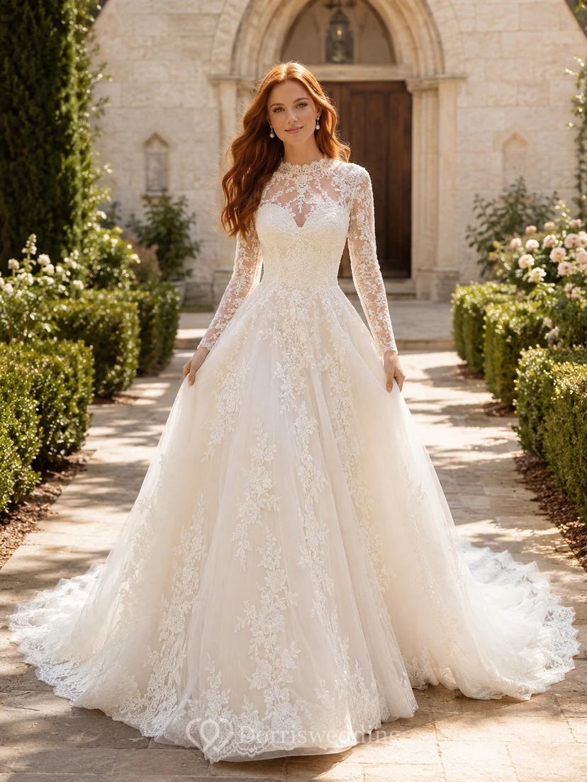 Classic Long Sleeve Lace Ball Gown Chapel Bridal Dress