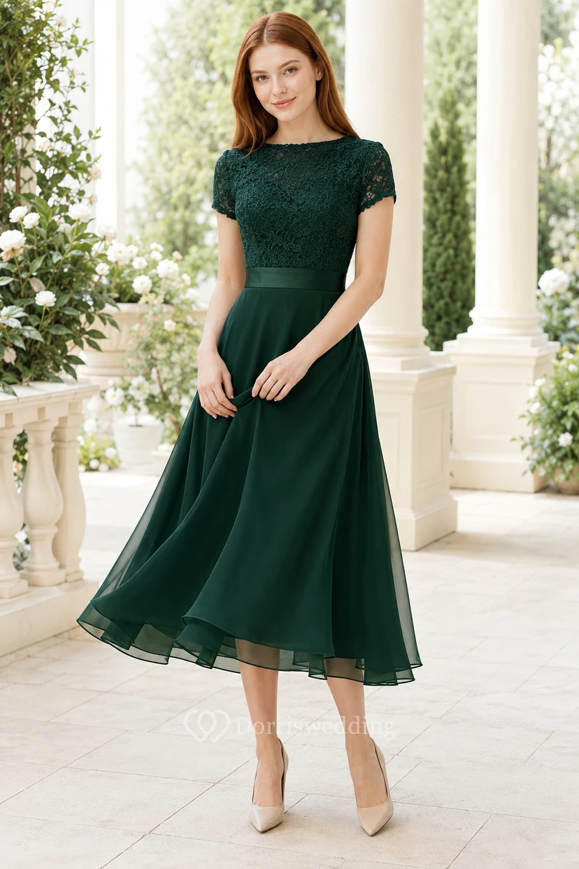 Dark Green Lace Bodice Chiffon Tea Length Guest Dress with Short Sleeves