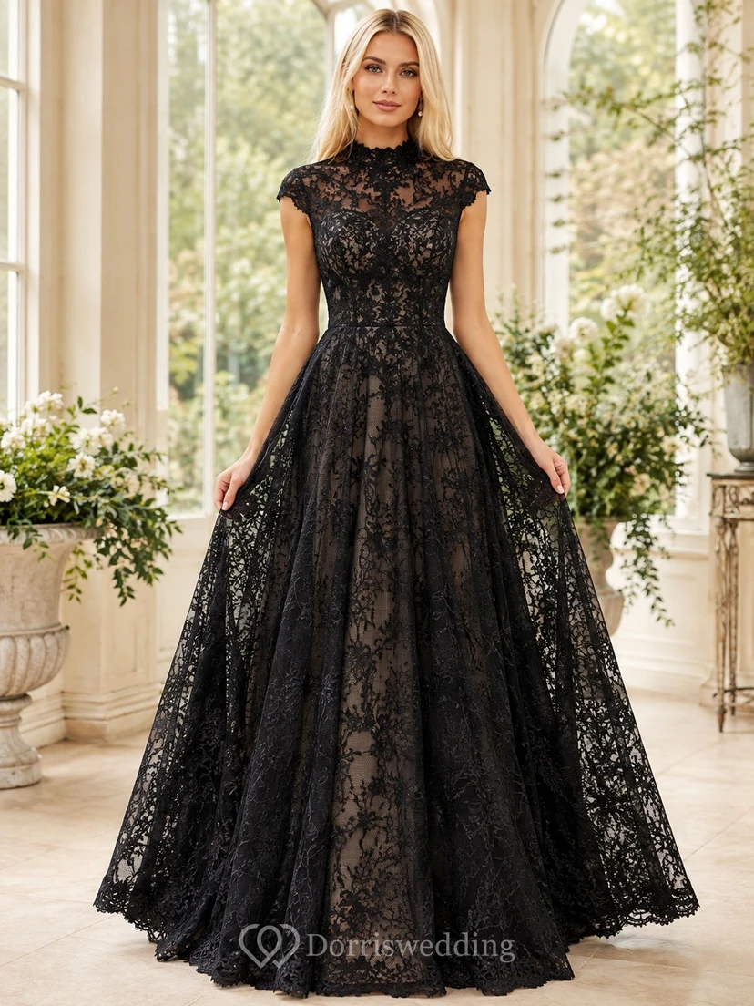 Black Elegant Modern Square Short-Sleeve Lace A-Line Floor-Length Evening Dress view 2