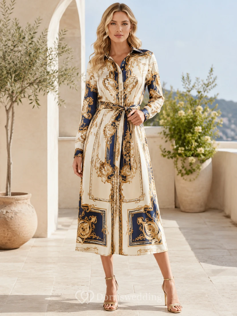 Baroque Satin Long Sleeve Belted Printed Shirt Occasion Dress