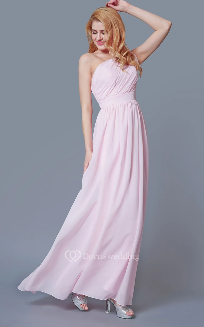 Simple Knotted One Shoulder Long Chiffon Dress With Pleats view 4